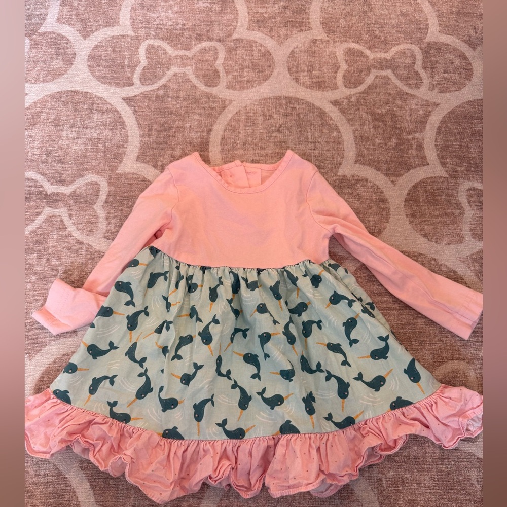 Ricrac and ruffles pink and blue narwhal and ruffle dress